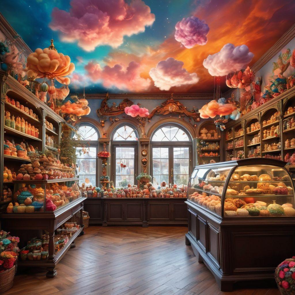 A whimsical scene depicting a magical shop filled with fantastical Kroshki creatures surrounded by vibrant colors and intricate decorations. Ethereal lighting gently illuminates the display of unique, enchanting items, inviting viewers to explore this captivating world. Include playful elements such as floating objects and sparkling effects to enhance the enchanting atmosphere. The background should feature soft, dreamlike clouds and pastel skies. super-realistic. vibrant colors. fantasy style.