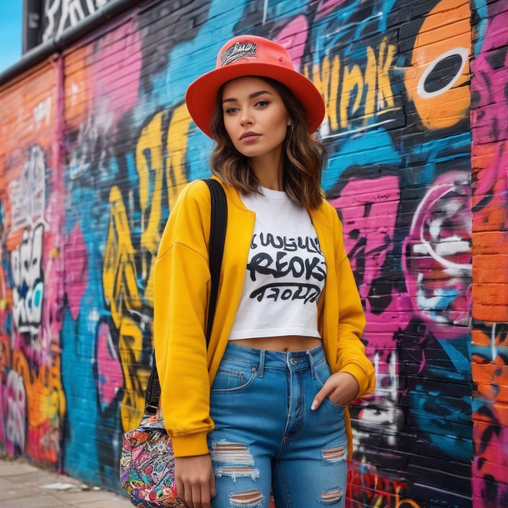 A trendy young adult wearing stylish Kroshki merchandise, standing confidently in an urban setting with graffiti walls and vibrant street art. The clothing features unique patterns and logos, complemented by fashionable accessories like hats and bags. The scene is lively with bright colors and energetic vibes that attract attention. Include a sun-drenched background to enhance the overall aesthetic appeal. vibrant colors. urban style. super-realistic.