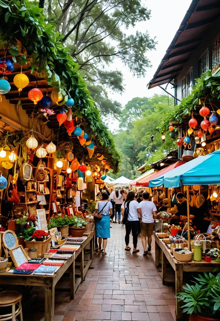 A whimsical marketplace filled with quirky and unique products and accessories from Kroshki, showcasing colorful handmade items, artisanal crafts, and vibrant display setups. Include shoppers interacting joyfully with the vendors, surrounded by lush greenery and charming decorations. The atmosphere should feel inviting and magical, capturing the essence of discovery and charm. super-realistic. vibrant colors. cozy ambiance.